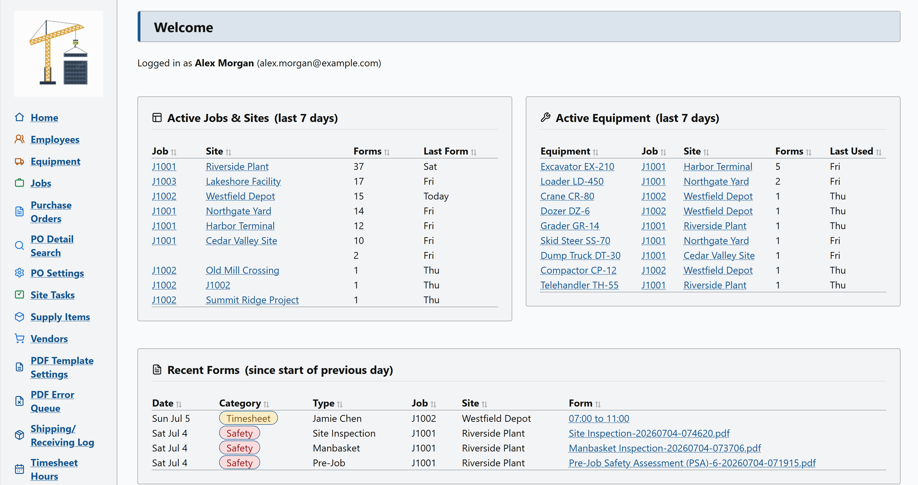 A real HTMQL application: a project management dashboard with active jobs and sites, equipment usage, and recent safety and timesheet forms